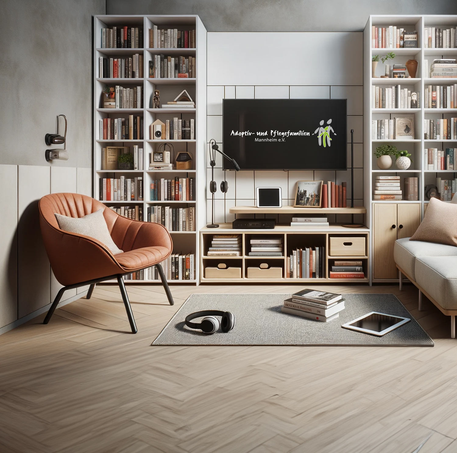 Modernes Wohnzimmer mit Bücherregalen und Fernseher.