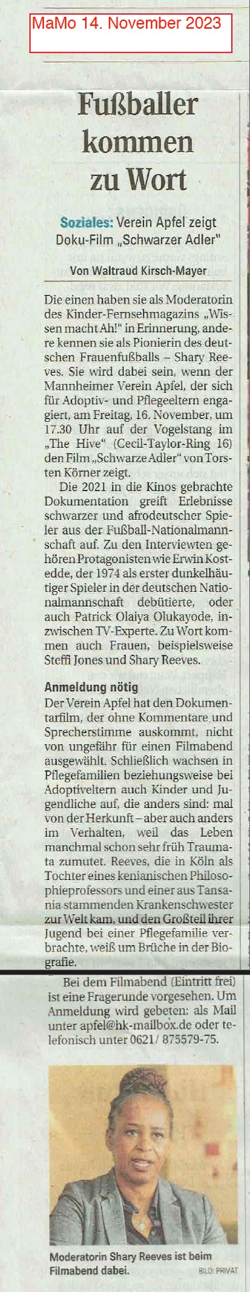 Artikel über Dokumentarfilm "Schwarzer Adler" und Fußball.