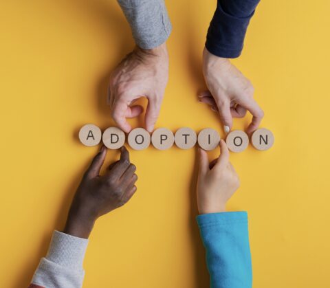 Vier Hände, Wort "Adoption" auf Holzscheiben.